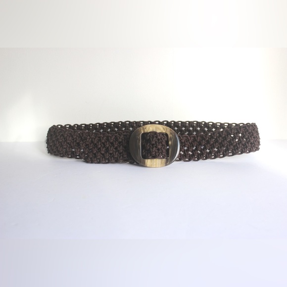 Vintage Wide Woven Brown Belt with Faux Horn Buckle, Adjustable Wrap Macrame - Picture 2 of 6